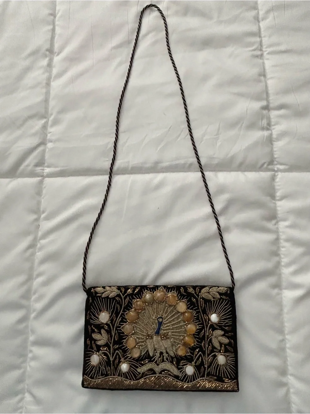 Embroidered Black Velvet Peacock Shoulder Bag/Clutch w/Accent Stones, VGUC